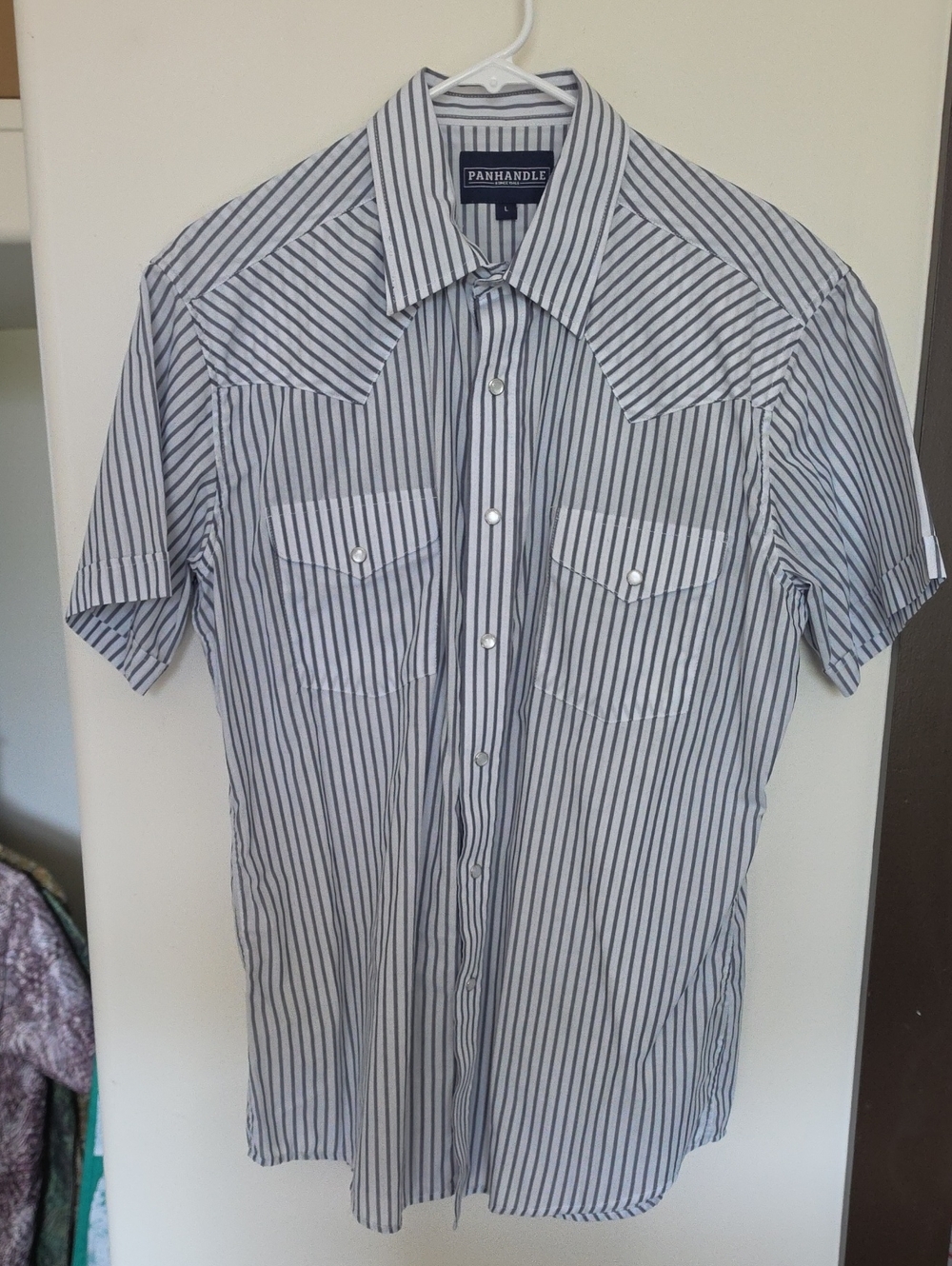 Panhandle- Short Sleeve Striped Button-Up Shirt - White & Navy- Large